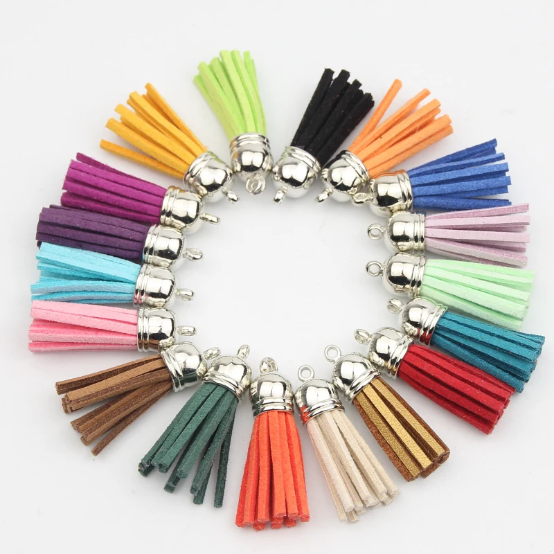 10pcs/lot silver plated plated Color Cap 38mm(1.49in) Leather Tassel for Keychain DIY Decoration Purl Bag borlas de colores