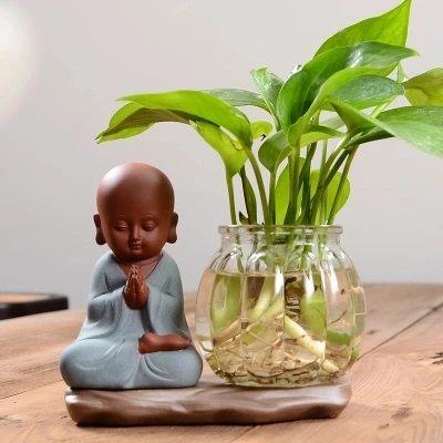 Creative color sand small monk Shami glass vase decoration green radish copper money grass water plant flower inserted hydroponi