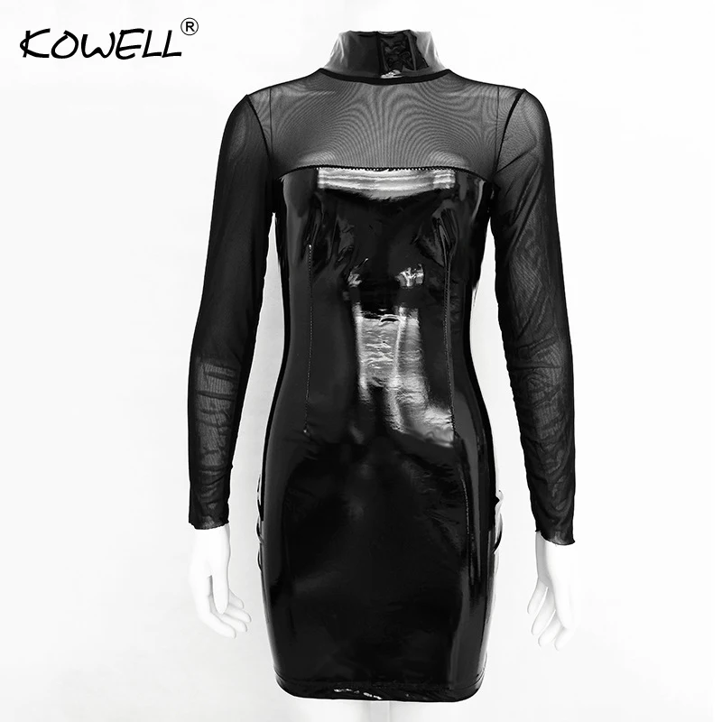 Long Sleeve Mesh Party Dresses 2018 Summer PU Patchwork Hollow Out Slim Bodycon Bandage Sexy Club Dress Vestidos