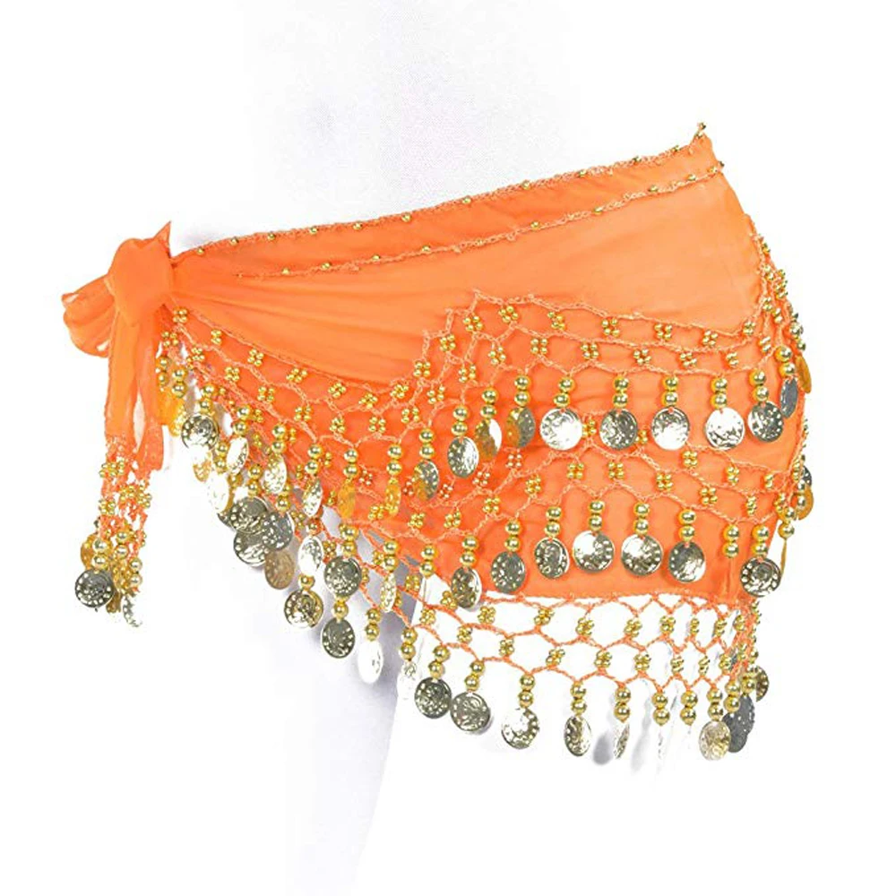 Chiffon Dangling Gold Coins Belly Chain Widening Waistband Waist Performance Dancing Costume Hip Skirt Scarf Wrap Belt