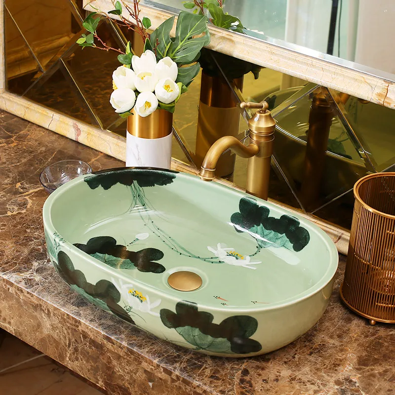 Chinese Style Ceramic Art Basin Sinks Counter Top Wash Basin Bathroom Sinks vanities a wash basin shampoo lotus pattern oval