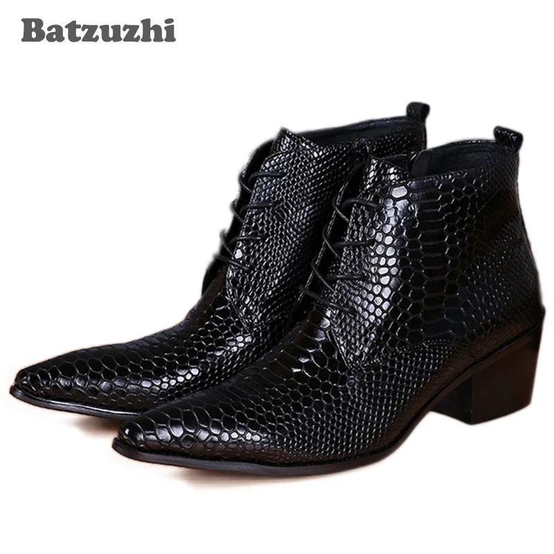 

Batzuzhi Japanese Style Fashion Men Boots Pointed Toe Snake Pattern Leather Ankle Boots for Men 6.5CM Heels High Motocycle Boots