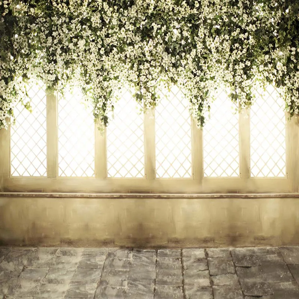 

Wedding Photo Background Wall Window Bokeh Sunshine Printed White Flower Blossoms Green Vines Indoor Photography Studio Backdrop