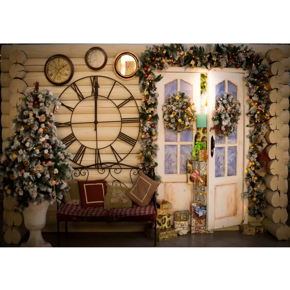 

Merry Xmas Party Background Printed White Doors Garlands Presents Bench Christmas Tree Wood Wall Clocks Baby Kids Photo Backdrop