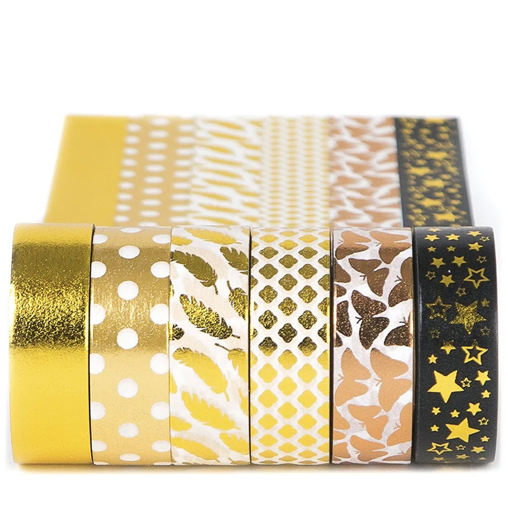 Gold Washi Tape Set 6 rolls, Decorative Craft Tapes Kit of Cute Patterns for Scrapbooking, DIY Projects