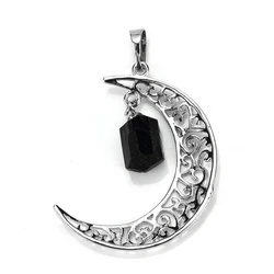 Crescent Moon Dangel Irregular Crystal Stone Pendant For Women Necklace DIY Natural Amethyst Black Tourmaline Stone Man Jewelry
