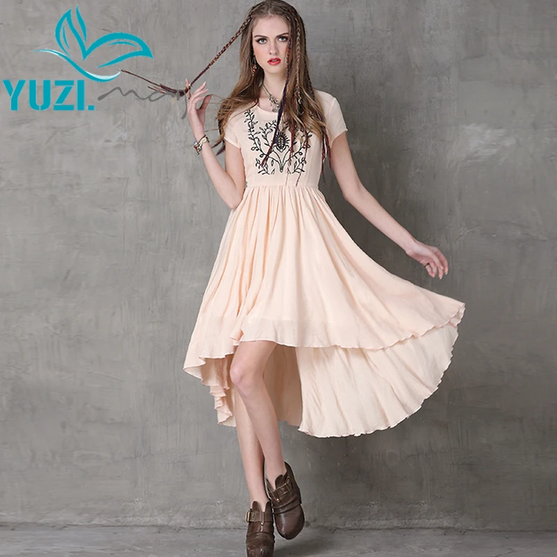 

Summer Style Women Dress 2017 Yuzi.may Casual New Cotton Dresses O-Neck Floral Embroidery Asymmetrical Vestidos Femininos A8120