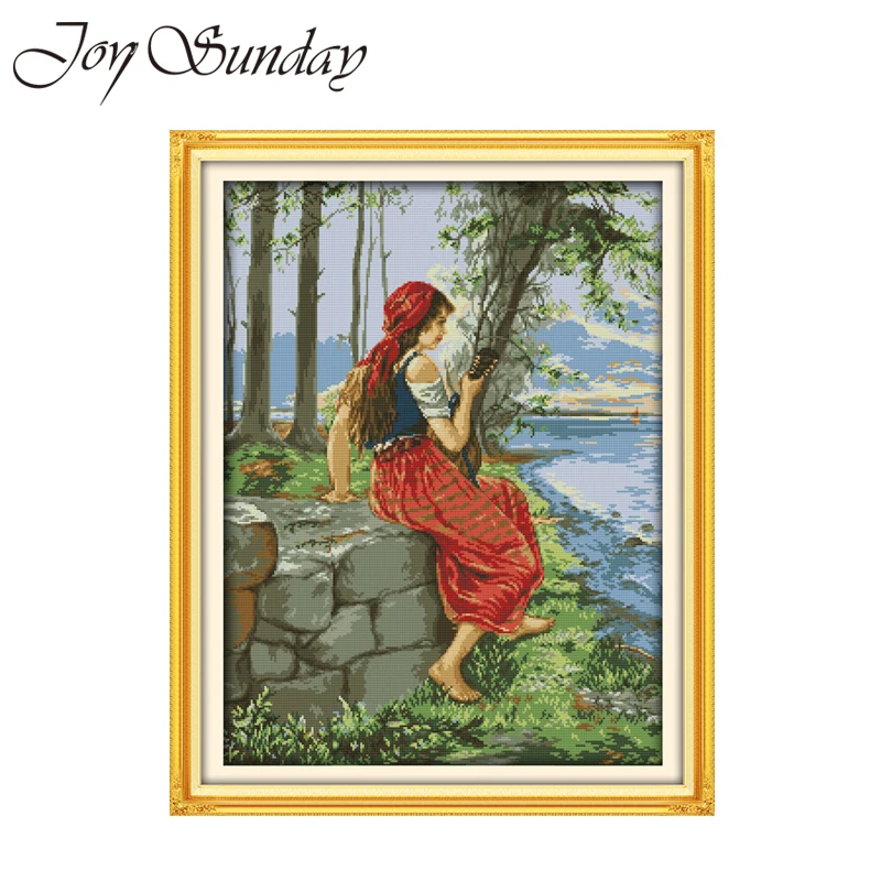Joy Suanday Cross Stitch Embroidery Aida Fabric Watching the sea 14 11CT DMC Thread Water Soluble Canva Stitch Cross Needlework