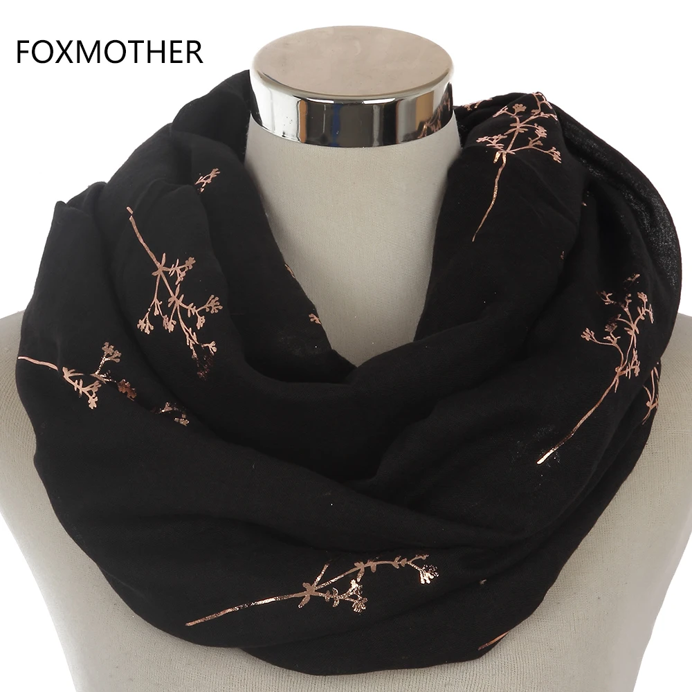FOXMOTHER-bufanda infinita para mujer, nuevo diseño, negro, gris, azul marino, metalizado, dorado, brillante, Floral, ramas de árbol