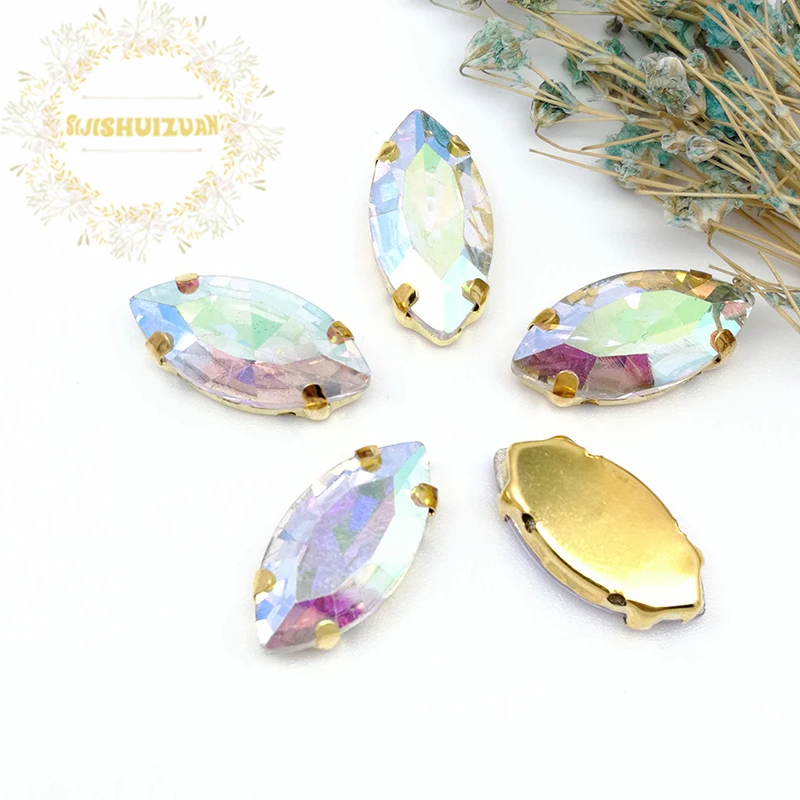 Glitter Crystal AB Horse Eye Shape Drill All Sizes Glass Crystal Sew On Rhinestones Gold Bottom Claw Diy shoes Accessories