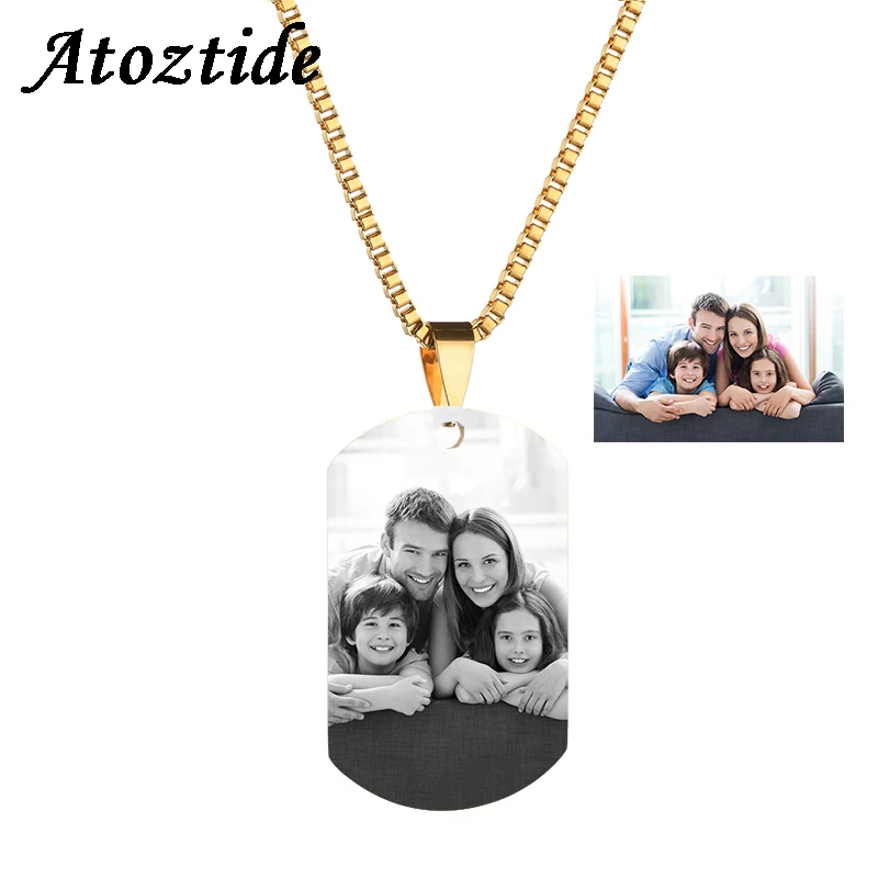 Atoztide Customized Stainless Steel Army Dog Tags Pendant Necklace Personalized Name Photo Square Necklace Christmas Gift