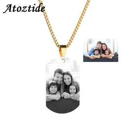 Atoztide Customized Stainless Steel Army Dog Tags Pendant Necklace Personalized Name Photo Square Necklace Christmas Gift