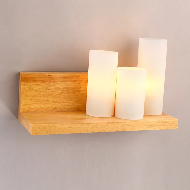 

wood+white Glass shade bedroom Modern simple LED candle wall light solid living room bedside Personality creative wall lamp MZ92