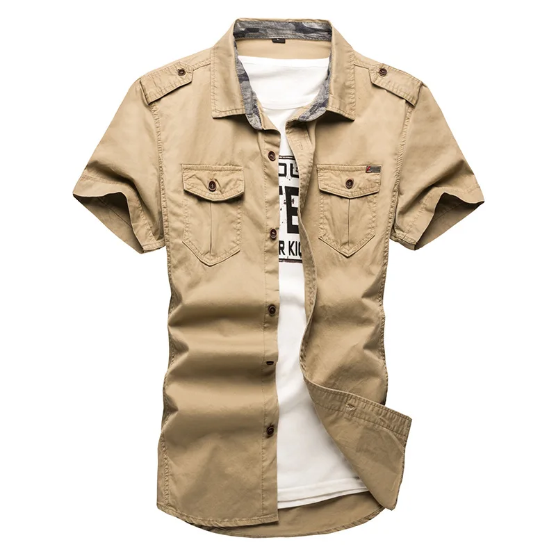 2023 New Men\'s Cargo Tactical Shirts 100% Cotton Short Sleeve Work Brand Military Shirt Chemise Plus size 5XL