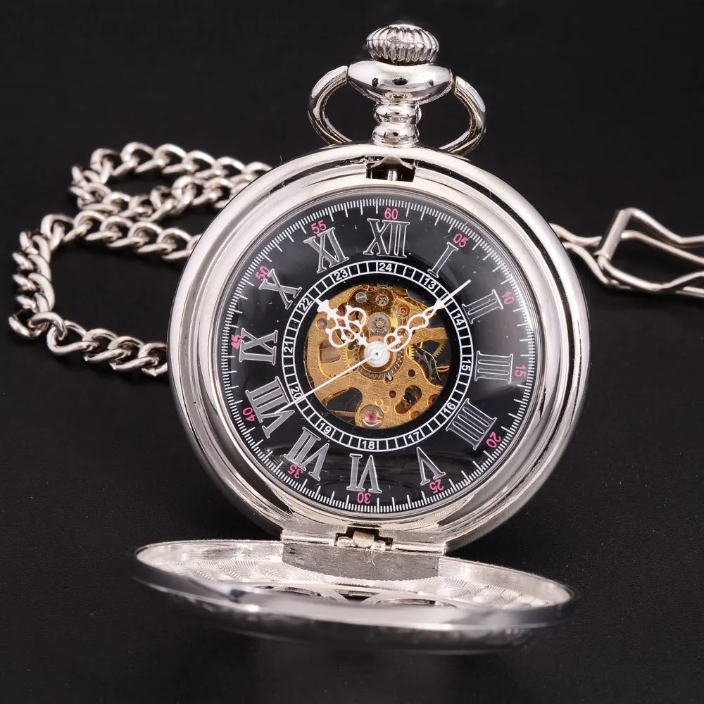 Classic Silver Flower Case Skeleton Dial Male Relogio De Bolso Chain Clock Vintage Men Hand Wind Mechanical Pocket Fob Watch