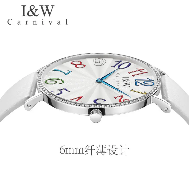 

I&W CARNIVAL Роскошные женские часы с кварцевым механизмом швейцарского производства, водонепроницаемые, из натуральной кожи, ультратонкие, 6 мм, модель 3002L