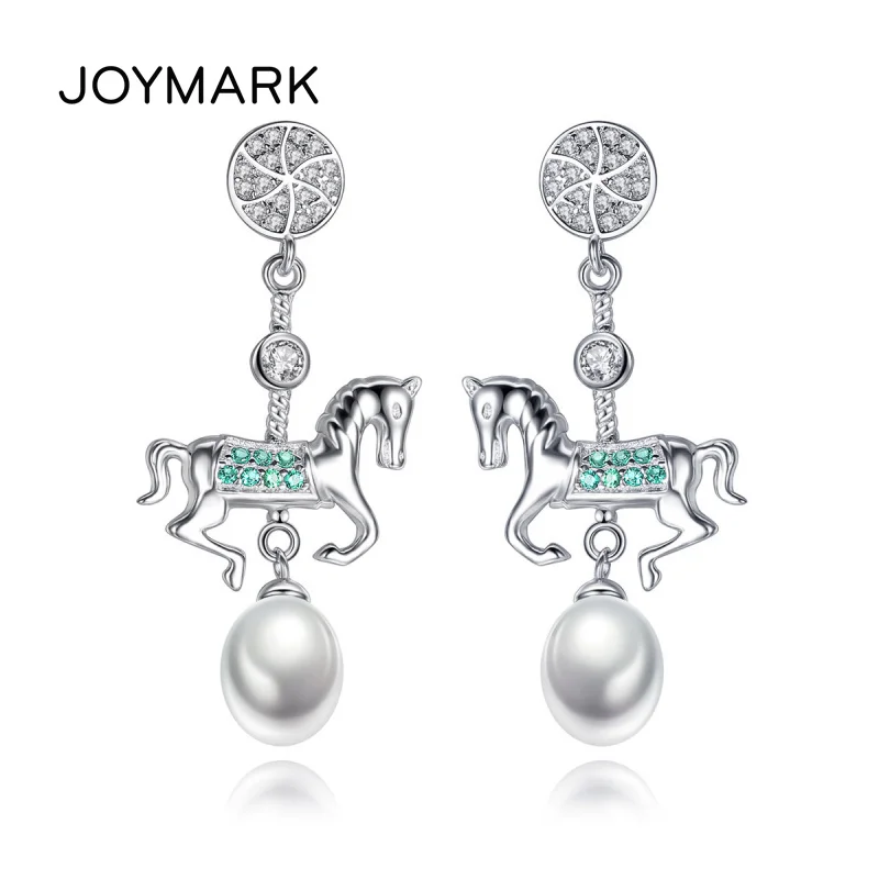 

Merry-go-round Cubic Zirconia Pave 925 Sterling Silver Pearl Dangle Pendant Earrings For Women Girls Christmas Gift JPSE053