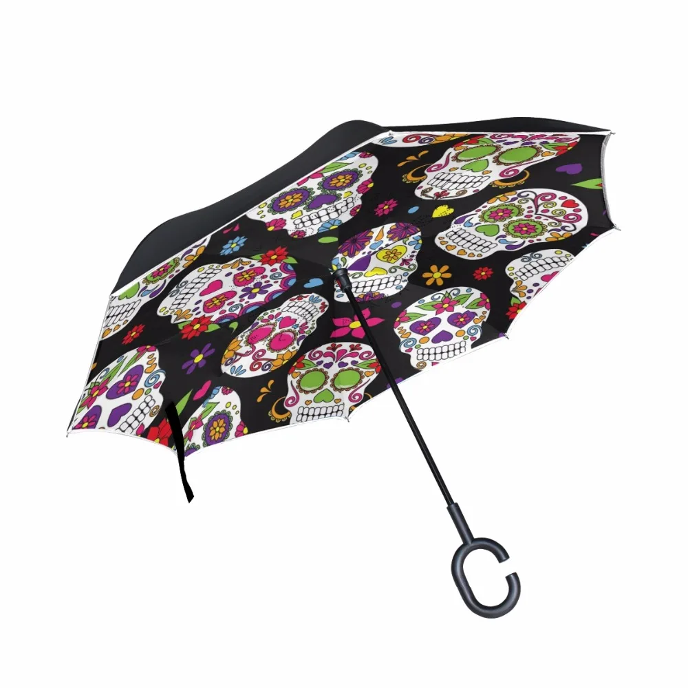 Popular Business type Double Layer Car Reverse Umbrellas Women Men Windproof Skull Inverted Umbrella