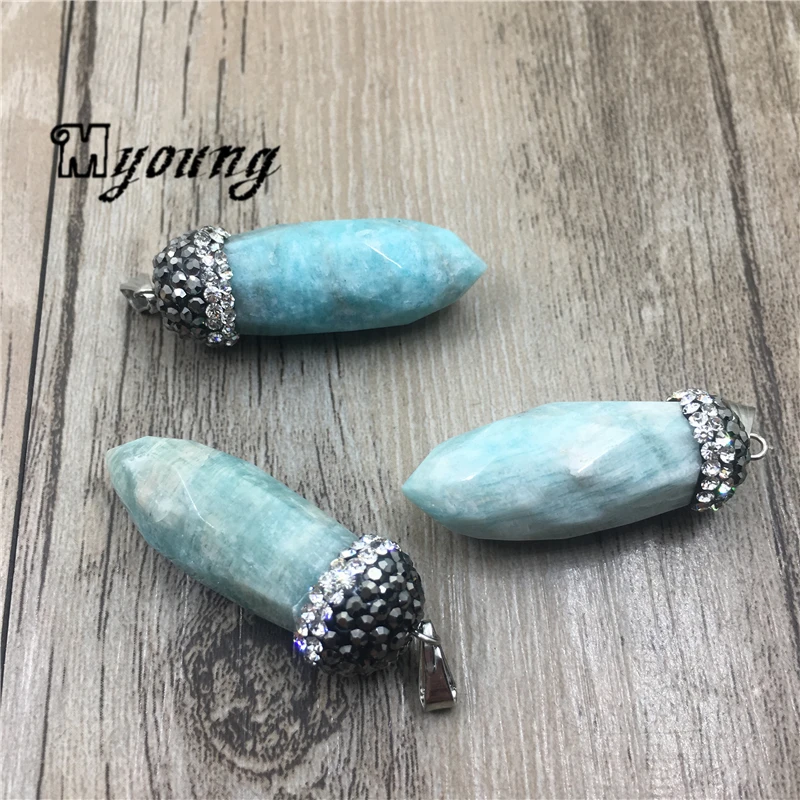 

Faceted Pillar Amazonite Bullet Pendant With Rhinestone Paved Cap,Nature Stone Charms MY1818