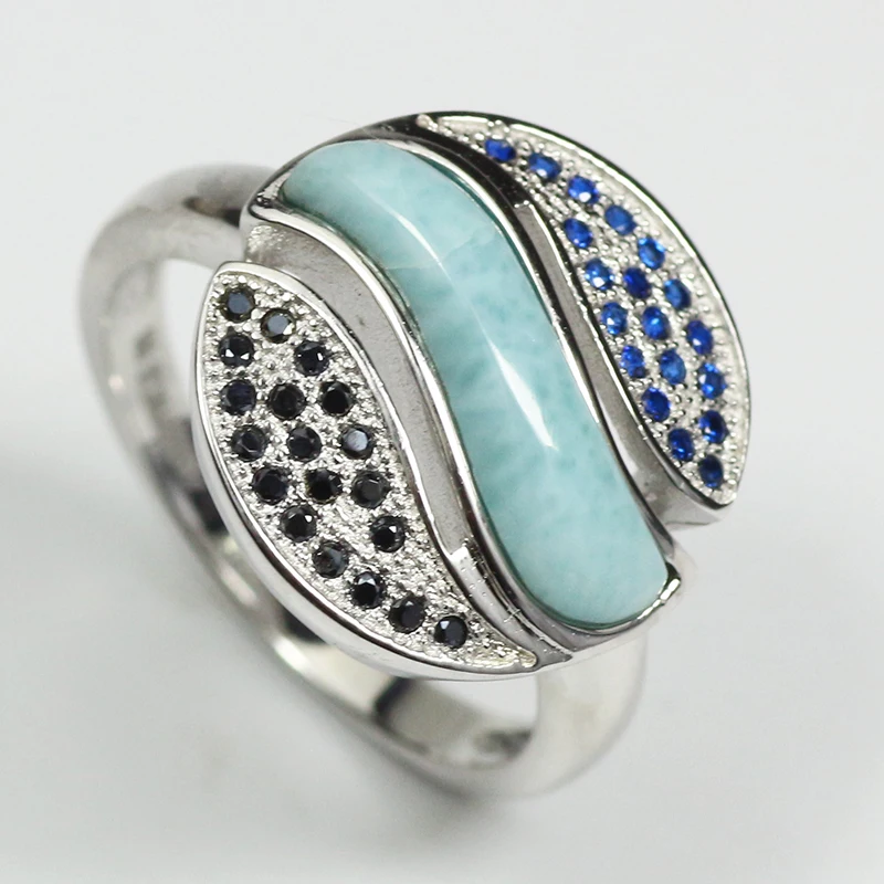 JLR-1090 925 Sterling Silver Natural Blue  Larimar with White zircon Fashion Jewelry Ring