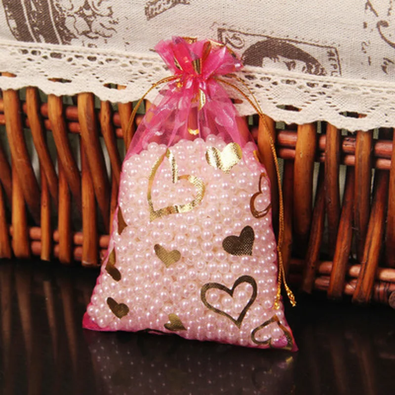 100Pcs/lot Organza Bag in Jewelry Packing&Display with Heart Pattern 7cmx9cm Wedding Party Decoration Cosmetic Gift Pouches