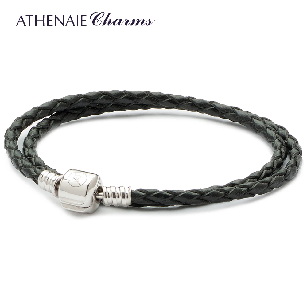 

ATHENAIE Black Double Braided Leather 925 Sterling Silver Snap Clasp Bracelet Size 13.39inch Fit All European Bead