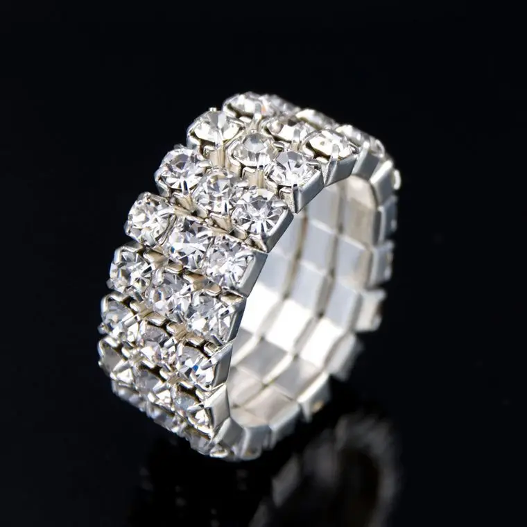 Trendy  Multilayer 3 rows Crystal Clear chain Rhinestone Sparkling Shiny Elastic Ring For Women bridal Fashion Jewelry