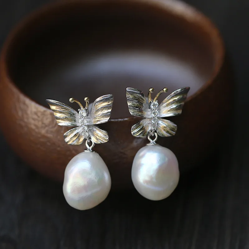 made baroque pearls butterfly earpins S925 silver earrings zircon inlay earrings first act the role ofing is tasted