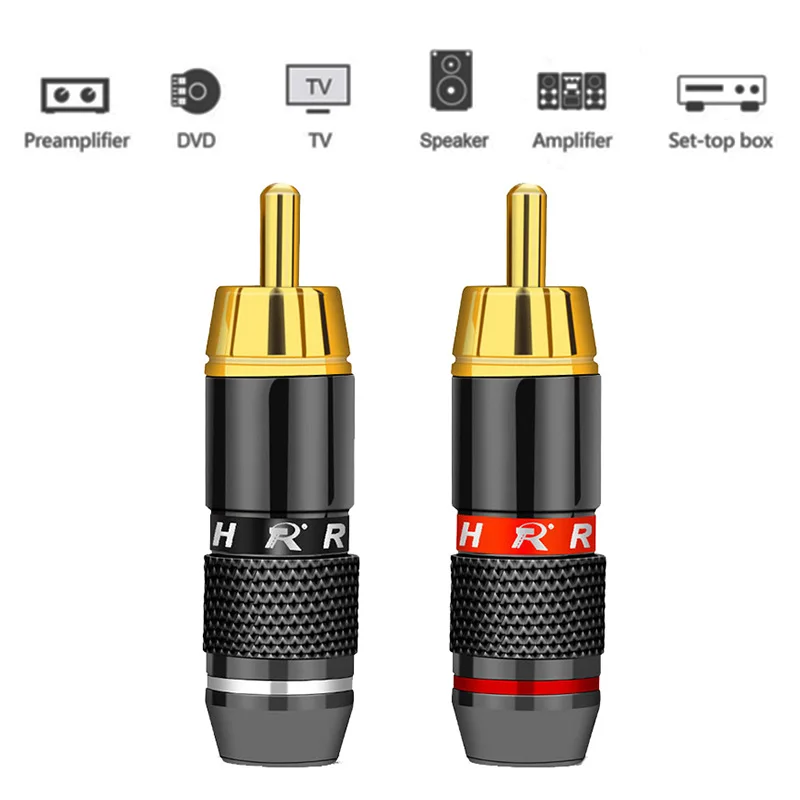 10pcs/lot RCA Connector 24K Gold Plated RCA Male Plug Professional Audio Speaker Plug Jack Wire Connector 5Pairs Red+Black