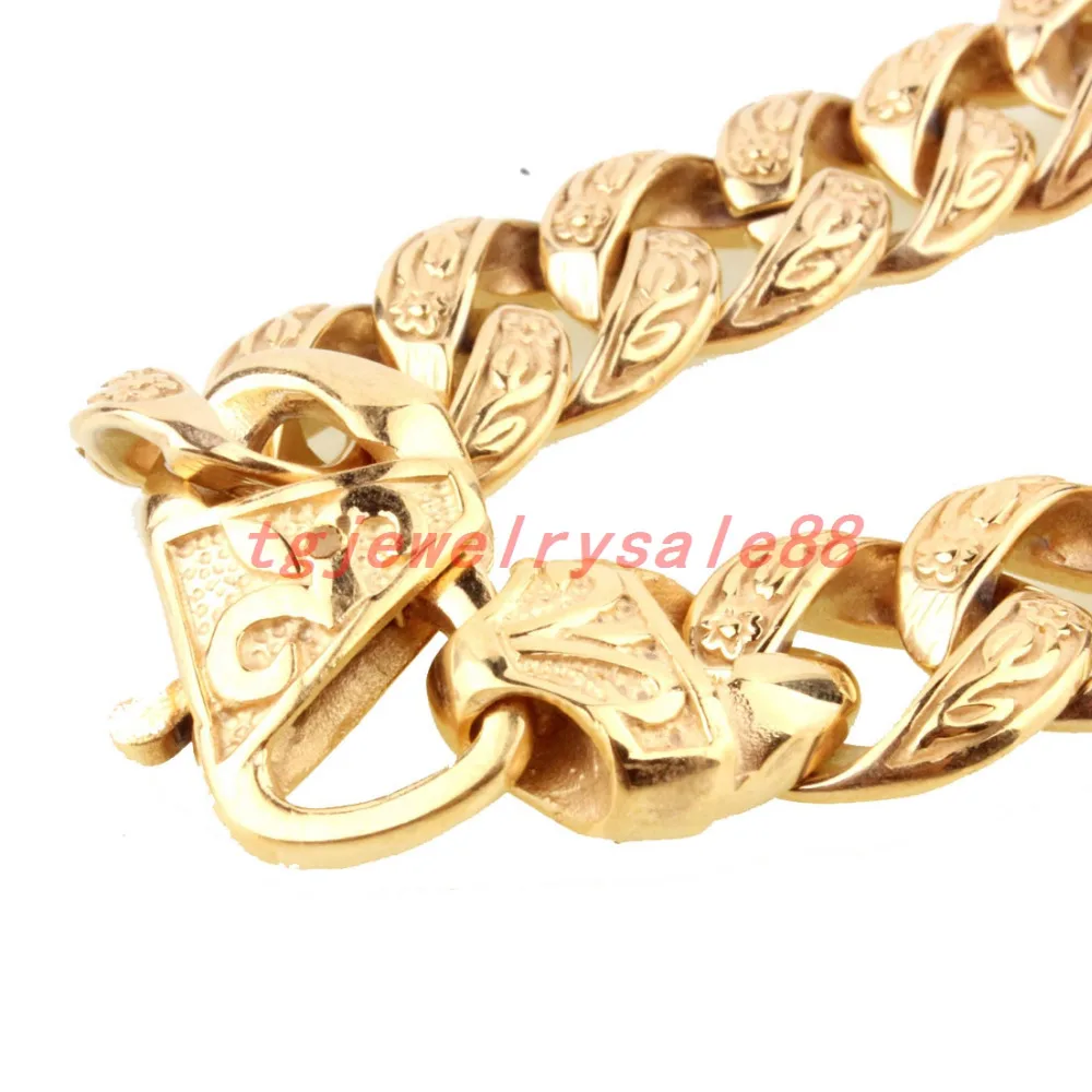 Popular Biker Men\'s 15mm Wide Gold Color Stainless Steel Curb Cuban Link Chain Casting Bracelet Jewelry Flower Clasp 9\