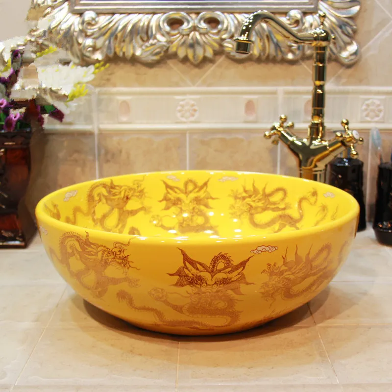 

Yellow dragon Art Porcelain bathroom ceramic counter top sink wash basin popular in europe art basin round painted ceramic sinks