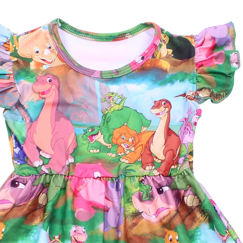 New Arrivals Baby Girls Summer Colorful Dinosaur Print Dress Milksilk Dinosaur World Short Sleeve Clothing Kids Boutique Wear