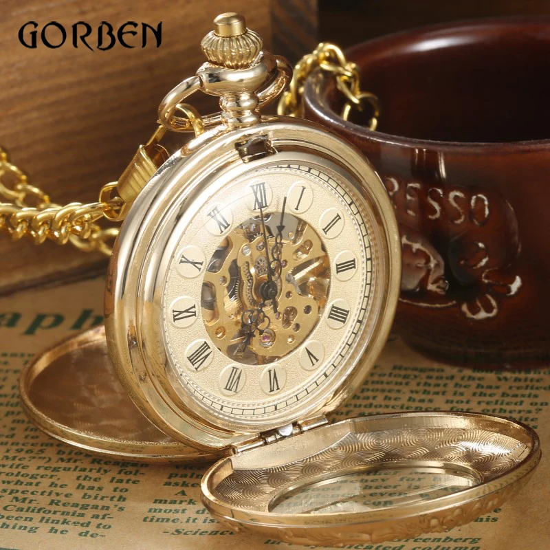 

Luxury Gold Steampunk Pocket FOB Watches Chain engraving 2 Sides Open Case Hand Wind Mechanical Pocket Watches Relogio De Bolso