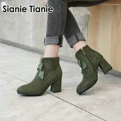 Sianie Tianie 2024 winter warm plush woman boots olive green cute block high heels women ankle boots with butterfly-knot size 44