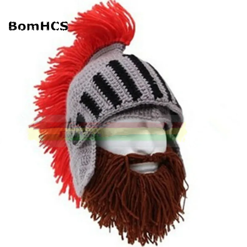 BomHCS Red Tassel Cosplay Roman Knight Knit Helmet Men\'s Caps Original Barbarian Handmade Winter Warm Beard Hats Funny Beanies