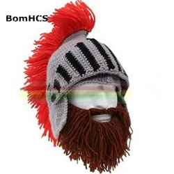 BomHCS Red Tassel Cosplay Roman Knight Knit Helmet Men's Caps Original Barbarian Handmade Winter Warm Beard Hats Funny Beanies