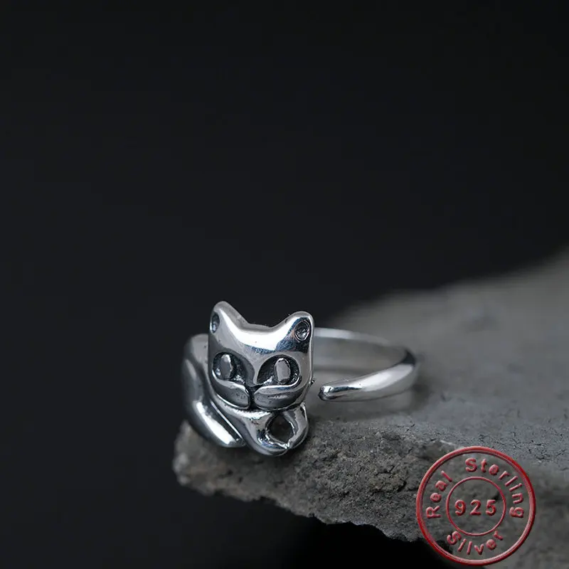 

Amxiu Vintage Antique Silver Rings 925 Sterling Silver Open Ring Handmade Cute Cat Ring For Girls Accessories Women Jewelry Gift