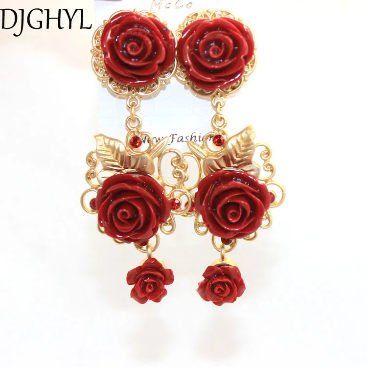 new Baroque Vintage Dark Red Flower Dangle Earrings metal hollow Gold color Bride Party Drop Long Earrings