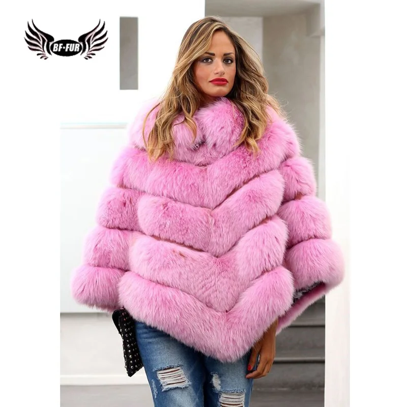 BFFUR Real Fur Fox Coat For Womens Top Quality Natural Fur Coat Ponchos and Capes Whole Skin Covered Women Winter Fashion Coats