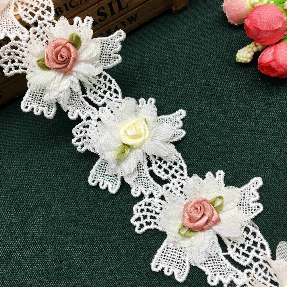 10Pcs Rose Flower Pearl Embroidered Lace Trim Ribbon Fabric Sewing Craft For Costume Wedding Dress Hat DIY Decoration