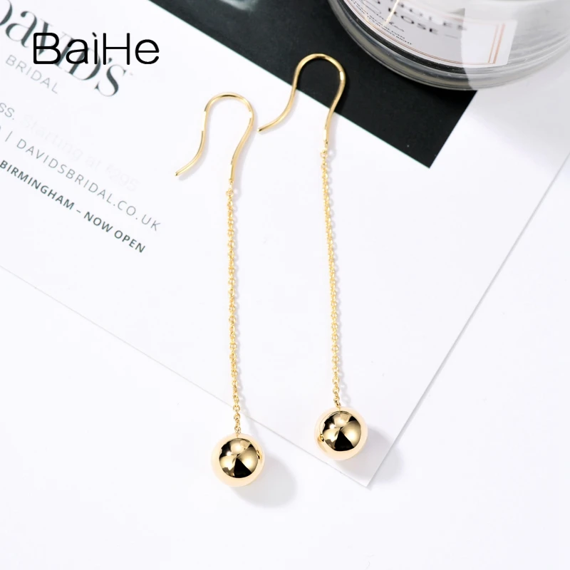 BAIHE Solid 18K Yellow/White/Rose Gold Office/Career Wedding Fine Jewelry Unique Golden Ball Ear Line Earrings Women Real Gold