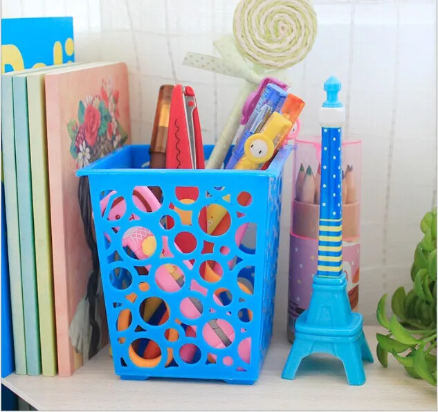 1PC Fashion Kawaii Multicolor Plastic Pen Holder Square Pen Holder Hollow Pen Pot Home Office Stationery Supplies OK 0101