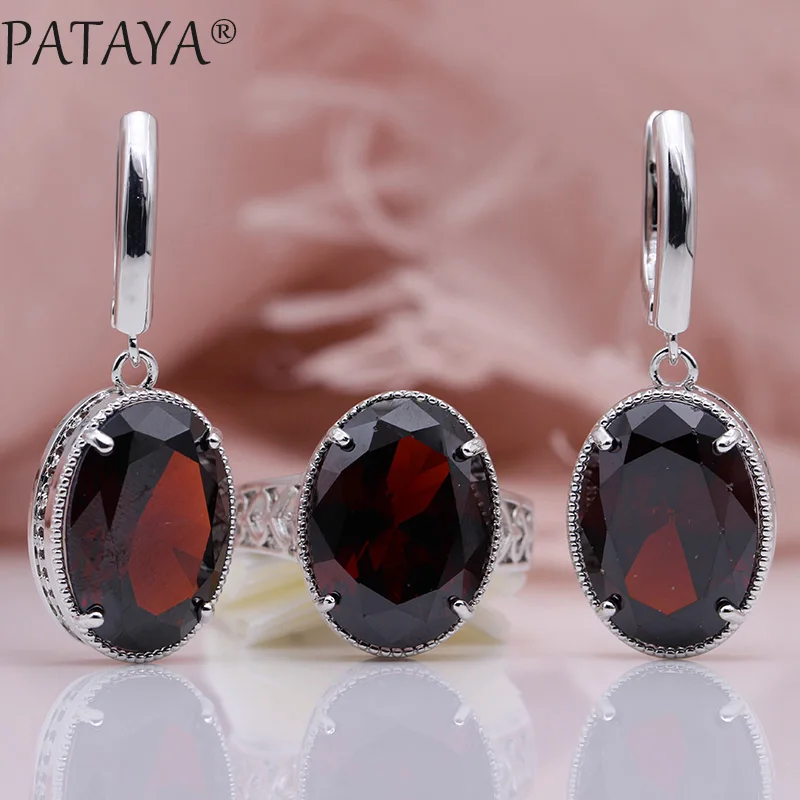 PATAYA New Women Wedding Party Noble Hollow Jewelry Sets White Gold Oval AB Color Natural Zircon Fine Dangle Earrings Rings Set