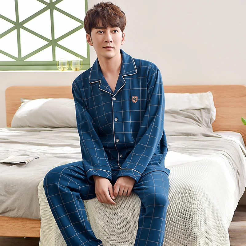 New Arrived Plaid Pajamas Sets Men Long Sleeve Turn-down Collar Pijamas Hombre Spring Autumn Male Casual Tracksuit Big Yards 3XL