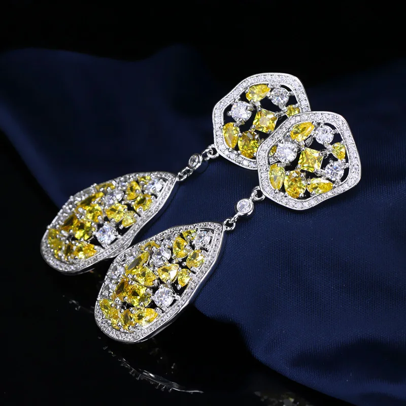 CWWZircons Irregular Design White Gold Color Long Drop Gorgeous CZ Crystal Yellow Stone Earrings for Women Jewelry CZ288