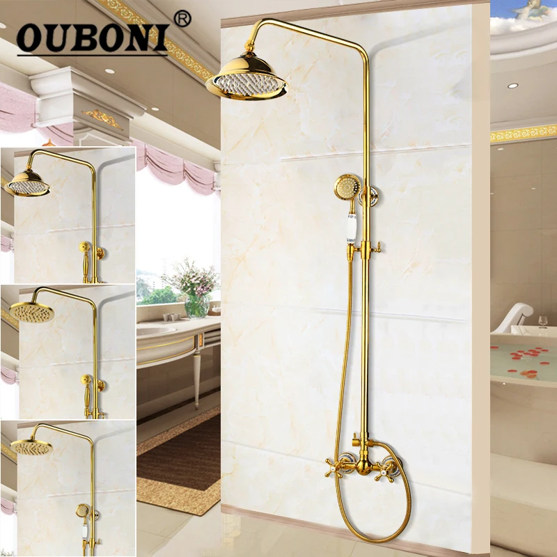 

OUBONI Golden Polished Bathroom Shower Set Rainfall 8 inch Shower Head Mixer Faucet Handheld Sparyer bathtub tap