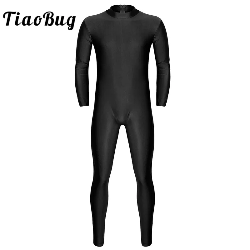 TiaoBug Men One-piece Long Sleeve Skin-Tight Solid Color Ballet Gymnastics Leotard Unitard Bodysuit Adult Stage Dance Costumes