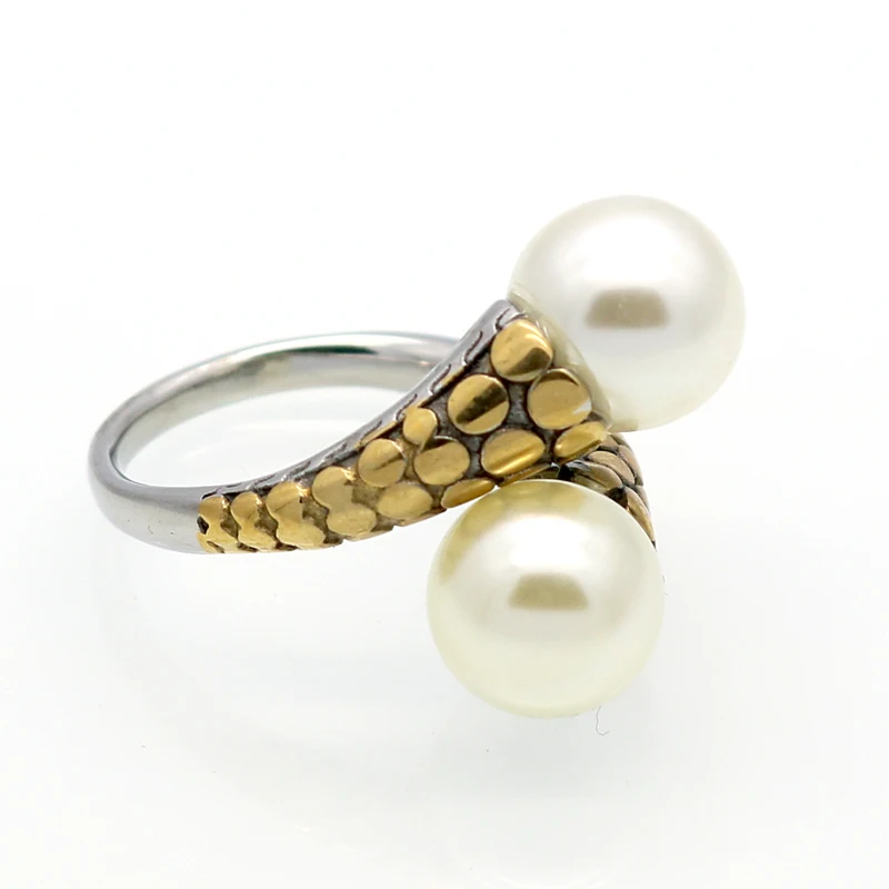 Spring New Arrival Hot High Quality Stainless Steel Vintage Fashion Double Pearl Ring Gold Color For Women Party Jewelry