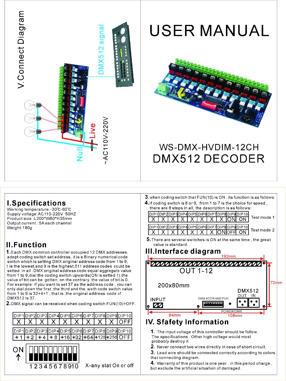 AC110V - 220V High voltage 50HZ 12 channels Dimmer 12CH DMX512 Decoder 5A/CH DMX dimmer For incandescent lights lamp lighting