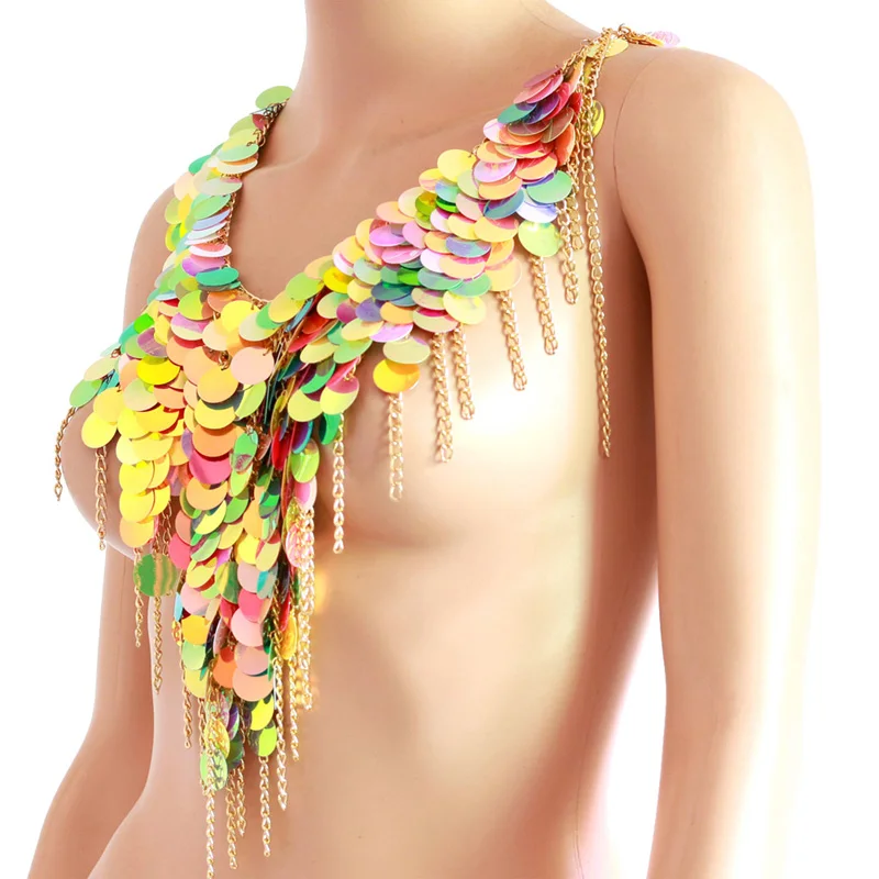 Chran Classic Rainbow Sequin Bra Harness Sexy Beach Bikini Body Chain Jewelry Fringe Necklace